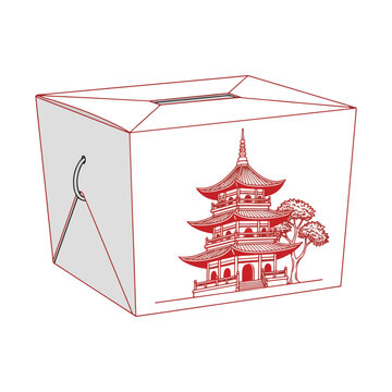 A stylized illustration of a Chinese takeout box with a pagoda design on its side.