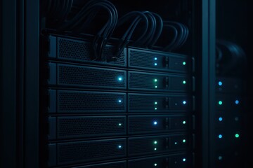 High-performance server rack blinking lights data center technology infrastructure computing power