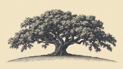 Large Oak Tree Illustration on a Hill with Minimalist Background
