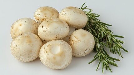 Fresh White Button Mushrooms with Rosemary Herb on White Background