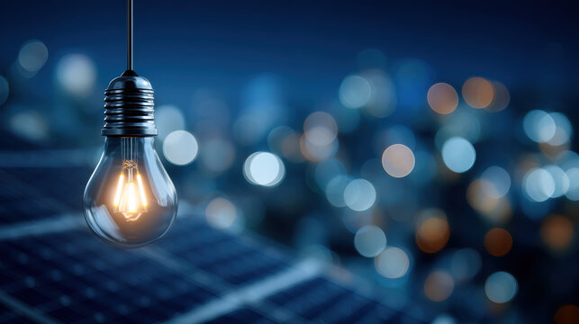 Glowing light bulb hanging above blurred city bokeh at blue hour, warm filament contrast evokes innovation and calm