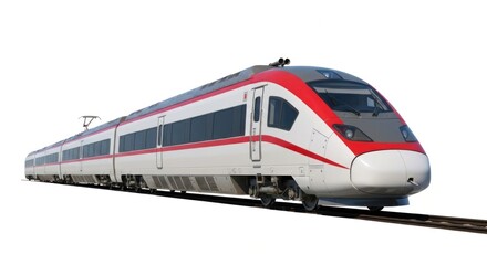 Naklejka premium White, red trim high-speed train on tracks, isolated on bright background