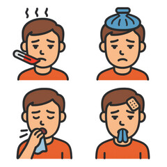 Depiction of Common Illness Symptoms in a Cartoon Style