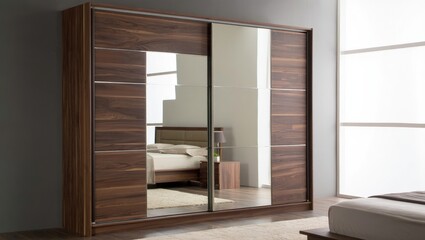 Fototapeta premium Elegant modern walnut wardrobe with mirrored doors reflecting a serene bedroom scene, adding sophistication and spaciousness to any home interior.