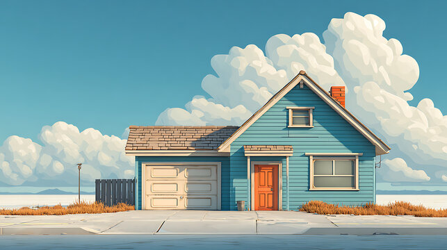 Cartoon style house with garage, 2D concept art