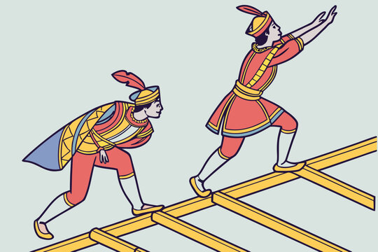 Traditional Philippine tinikling dance with ornate costumes, modern flat illustration style
