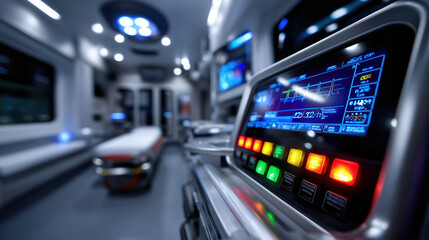 Emergency medical equipment in an ambulance during nighttime