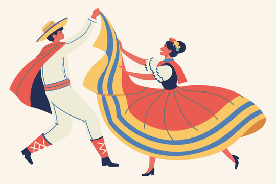 Traditional Chilean cueca dance with ornate costumes, modern flat illustration style
