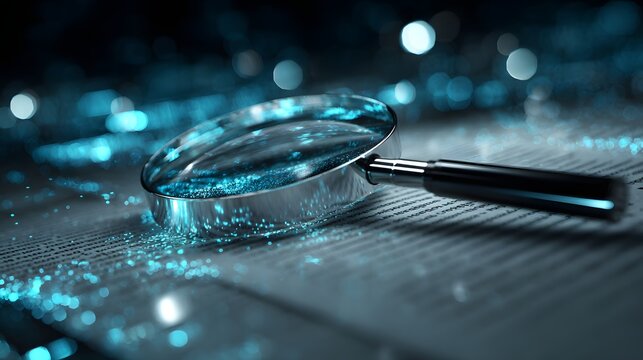 Metallic magnifying glass rests upon illuminated document text in close up