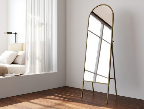 Elegant arched standing mirror with brass frame enhances modern bedroom decor, reflecting natural light and adding sophistication to any living space.