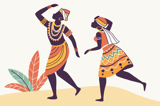 Traditional Ghanaian adowa dance with ornate costumes, modern flat illustration style