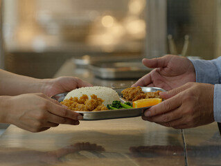 Two Hands Pass Plate Of Roast Turkey And Steamed Broccoli In Kitchen Setting. Two hands pass a plate of roasted turkey and broccoli in a warm kitchen, capturing sharing, home cooking, and family.