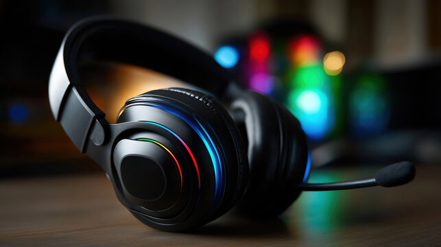 Headset with colorful lights on a desk near a computer setup