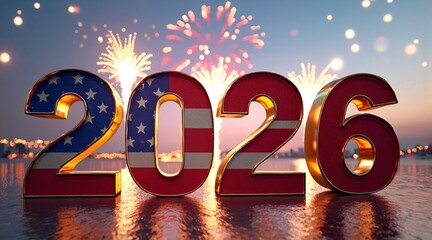 US flag-patterned "2026" numbers with gold edges reflect on water, set against a stunning display of fireworks over a city.