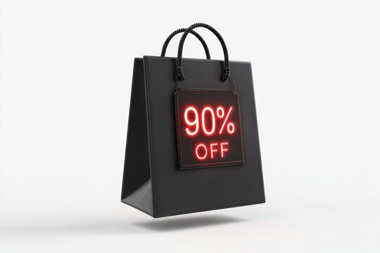 Black shopping bag with 90 off sign isolated on white background