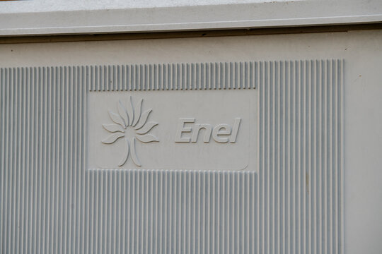 Enel logo on an electricity meter box, a symbol of sustainable energy, perfect for topics related to electricity, energy supplies, and technological innovation, web news Turin, Italy October 18, 2025