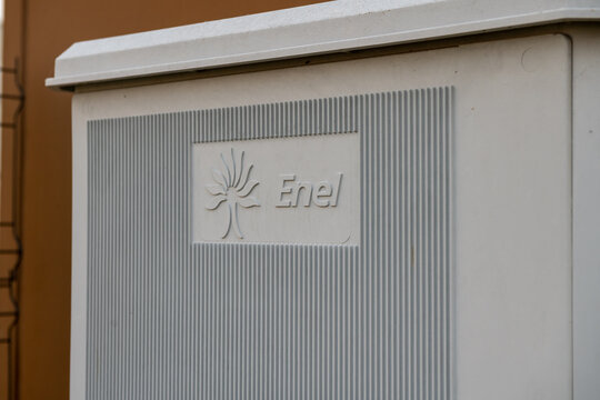 Enel logo on an electricity meter box, a symbol of sustainable energy, perfect for topics related to electricity, energy supplies, and technological innovation, web news Turin, Italy October 18, 2025
