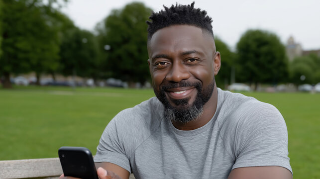 Man sitting in park looking at smartphone with smile