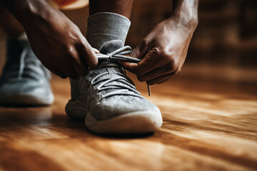 Basketball player tying sneakers before a game, wooden floor background, close-up