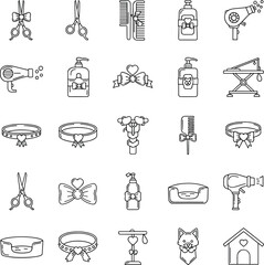 Pet Grooming Salon Service Line Icon Set with Scissors, Dryer, Shampoo, Collar, and AccessoriesPet Grooming Salon Service Line Icon Set with Scissors, Dryer, Shampoo, Collar, and Accessories