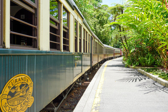KURANDA, AUSTRALIA - DECEMBER 21, 2017: Scenic Vintage Train at Kuranda Station Surrounded by Tropical Rainforest in Queensland Australia