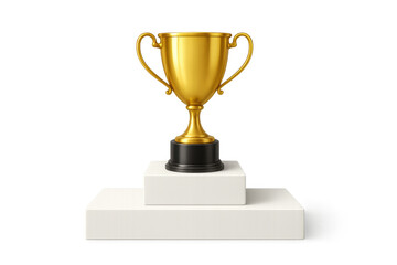 Fototapeta premium Gold trophy cup on a two-step white podium, representing achievement, success, first place, and winning