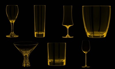 Assorted glassware collection illuminated in gold against a black backdrop