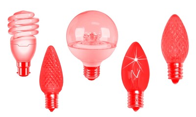Assorted red light bulbs including led and incandescent on white background