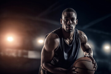 Portrait of confident basketball player holding ball under stadium lights, dramatic lighting