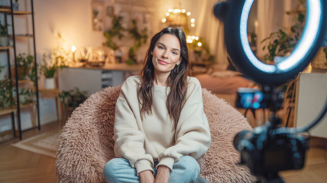 Female blogger recording video with ring light and camera in cozy home interior, representing digital content creation, social media influence, and modern lifestyle for internet media