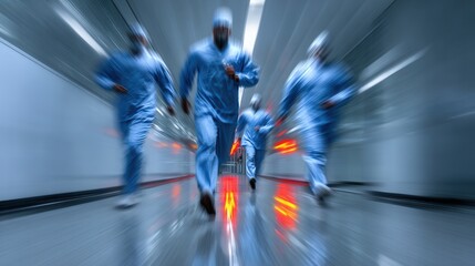 Obraz premium Blurred walking doctors and nurses in blue scrubs, long exposure hospital hallway