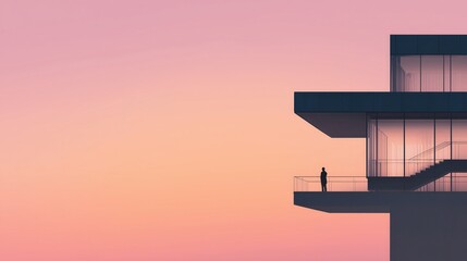 Minimalist modern architecture with a person silhouette on balcony against pink-orange sunset sky, representing contemporary design, serene urban lifestyle, and artistic aesthetic for wallpaper