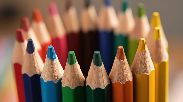 A vibrant collection of sharpened colored pencils standing upright, showing diverse hues.