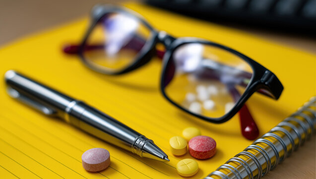 Glasses, pen, and medicine capsules on a yellow notepad
