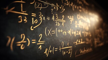 Complex mathematical equations and formulas are illuminated on a dark chalkboard surface