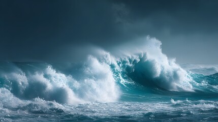 Naklejka premium Enormous ocean waves crash violently beneath a dark, stormy sky