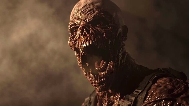 Terrifying zombie mutant monster turning slowly in a foggy scenery