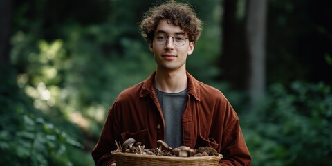 Young caucasian male holding basket of mushrooms in lush forest setting