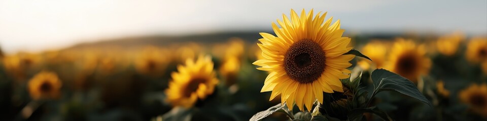 Obraz premium Beautiful sunflower field at sunrise with focus on vibrant bloom