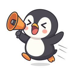 Cute Running Penguin Character Shouting with Megaphone Vector Illustration