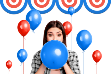 Composite collage image of female blow air balloons party national independence america day fourth july weird freak bizarre unusual fantasy