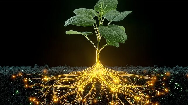 Illuminated Roots: The Energy Network of a Vibrant Plant Surging with Life