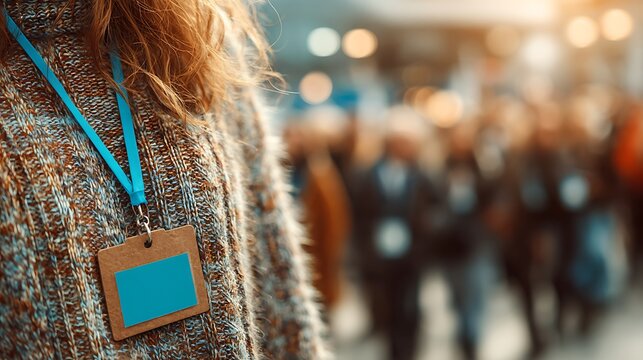 Professional wears an identification badge on a blue lanyard while attending conference with