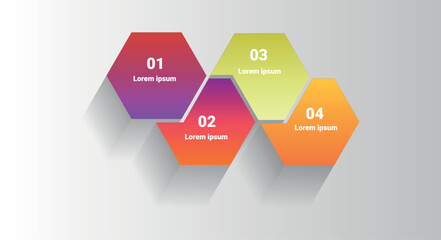 4 step infographic with colorful hexagon shapes and soft shadows on a light background. Perfect for process charts, business presentations, and data visualization.