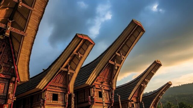 Tongkonan Houses: Traditional Architecture of Tana Toraja, Indonesia at Sunset