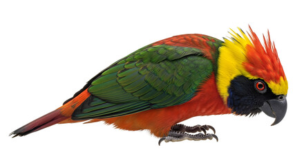 Obraz premium A vibrant colorful bird with a distinctive crest and bright plumage stands against a clean white background.