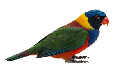 Obraz premium A colorful bird with vibrant green, blue, yellow, and orange feathers stands on a white background, showcasing its bright plumage and distinctive beak in a profile view with a plain white