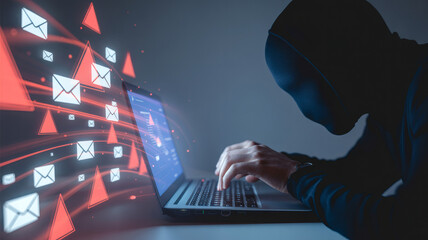 Hooded Hacker Typing on Laptop with Glowing Email and Triangle Icons Representing Cyber Security Breach Phishing Scam and Online Data Fraud