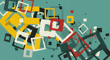 Abstract Geometric Pattern with Colorful Squares and Rectangles on Teal Background