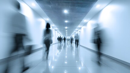 Silhouetted figures move rapidly through a brightly lit, cool toned interior corridor